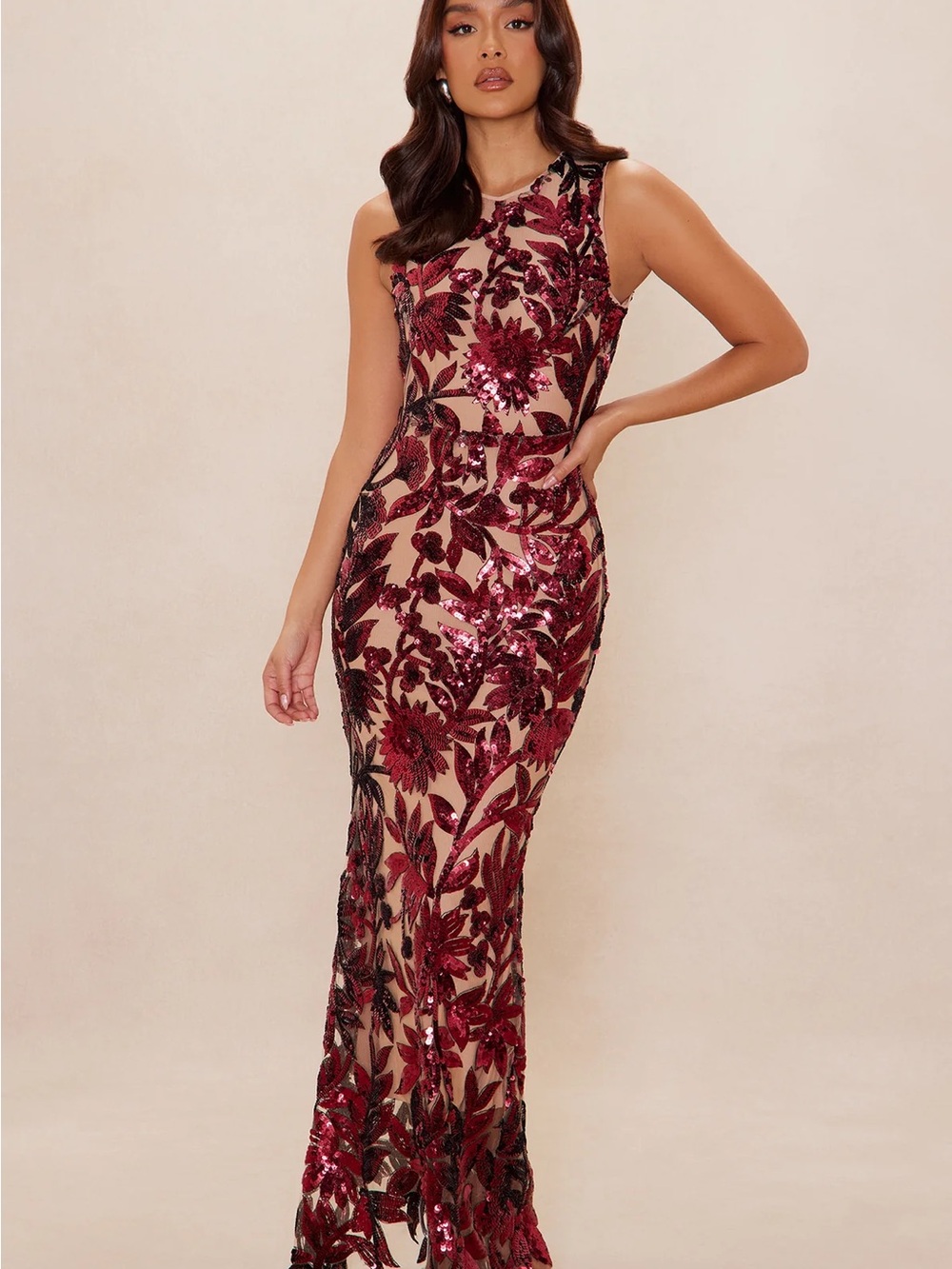Fashion Nova Burgundy Sequin Floral Maxi Dress